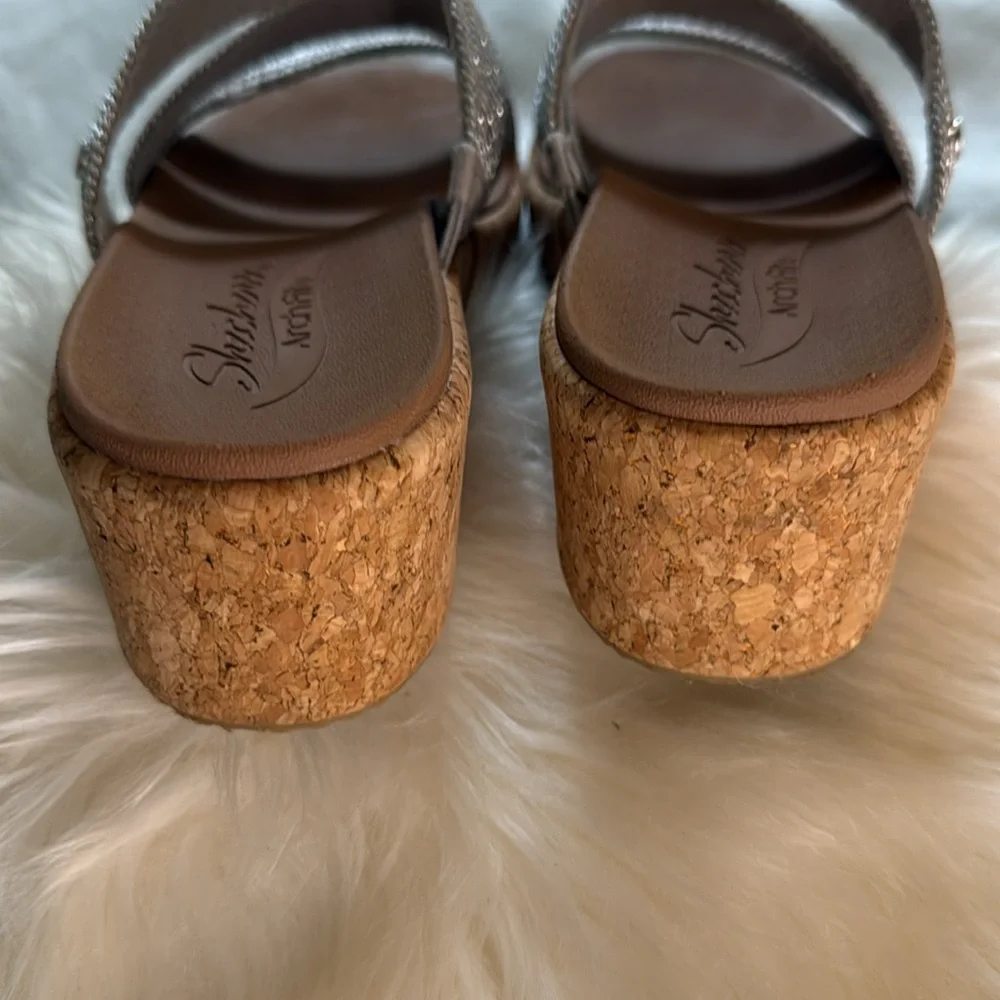 Skechers Silver Rhinestone Slide Wedge Sandals Cork Heel - Picture 9 of 12